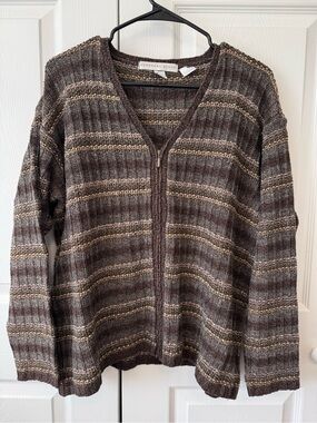 Geoffrey Beene Brown Striped Zip Cardigan - Women's Size XL